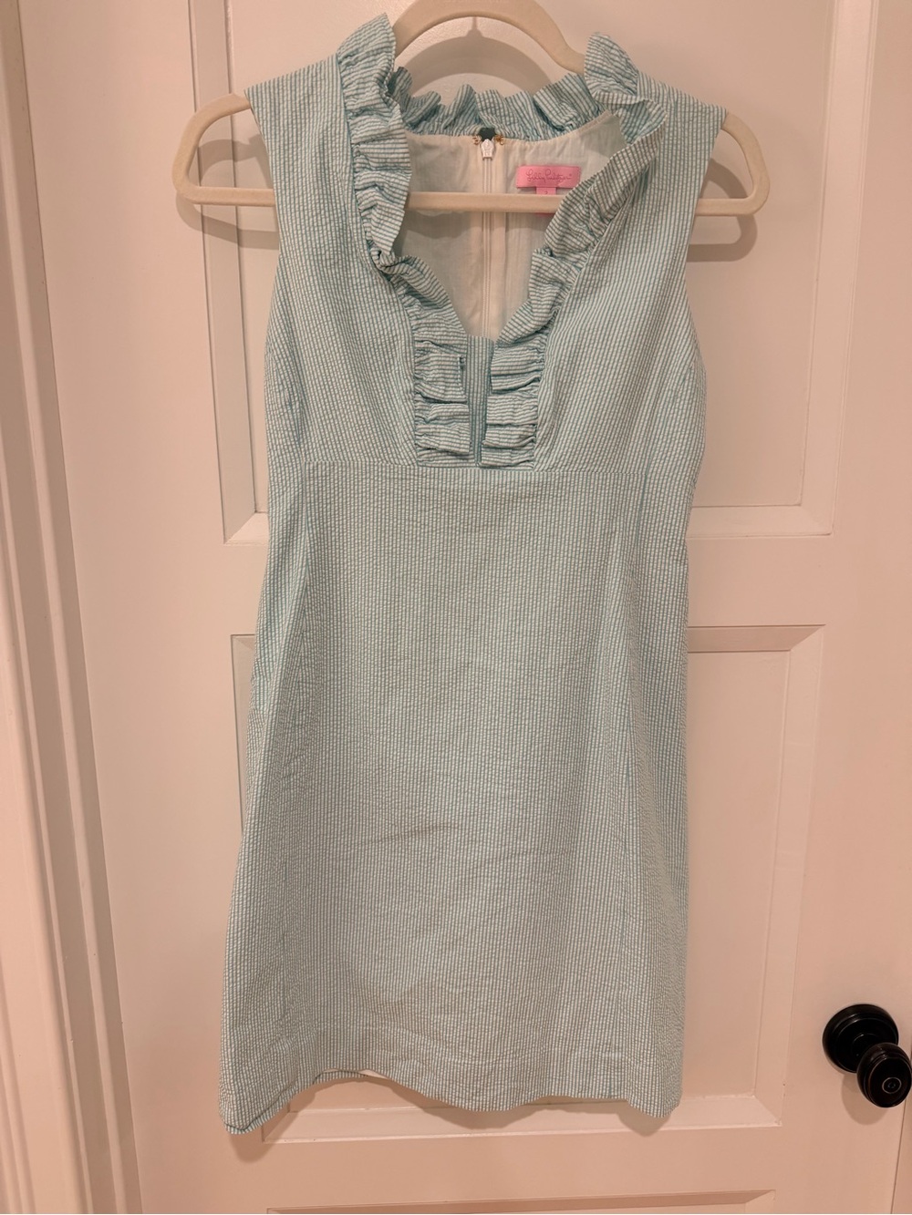 Lilly Pulitzer Teal and White Seersucker Ruffle Dress - Picture 1 of 3